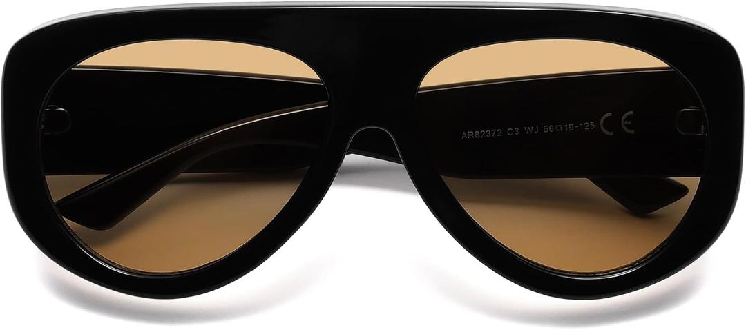 Trendy Aviator Sunglasses Women's Men's Retro 90s Rectangle Wrap Shades Oversized Style AR82372 (C3 Black/Light Brown)