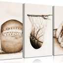 3Pcs Sports Wall Art Football Baseball Basketball Theme Painting Picture Wall Decor Vintage Sport Poster Print Artwork for Boy Room Playroom Bedroom Gameroom Home Decoration