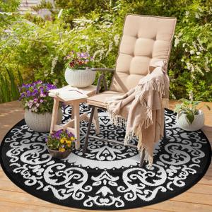 Homcomoda Round Outdoor Rugs 5ft Black Patio Rugs Clearance Reversible Plastic Straw Rugs Waterproof Lightweight Outdoor Rugs Portable RV Camping Mat for Outdoor Porch Deck BBQ Backyard