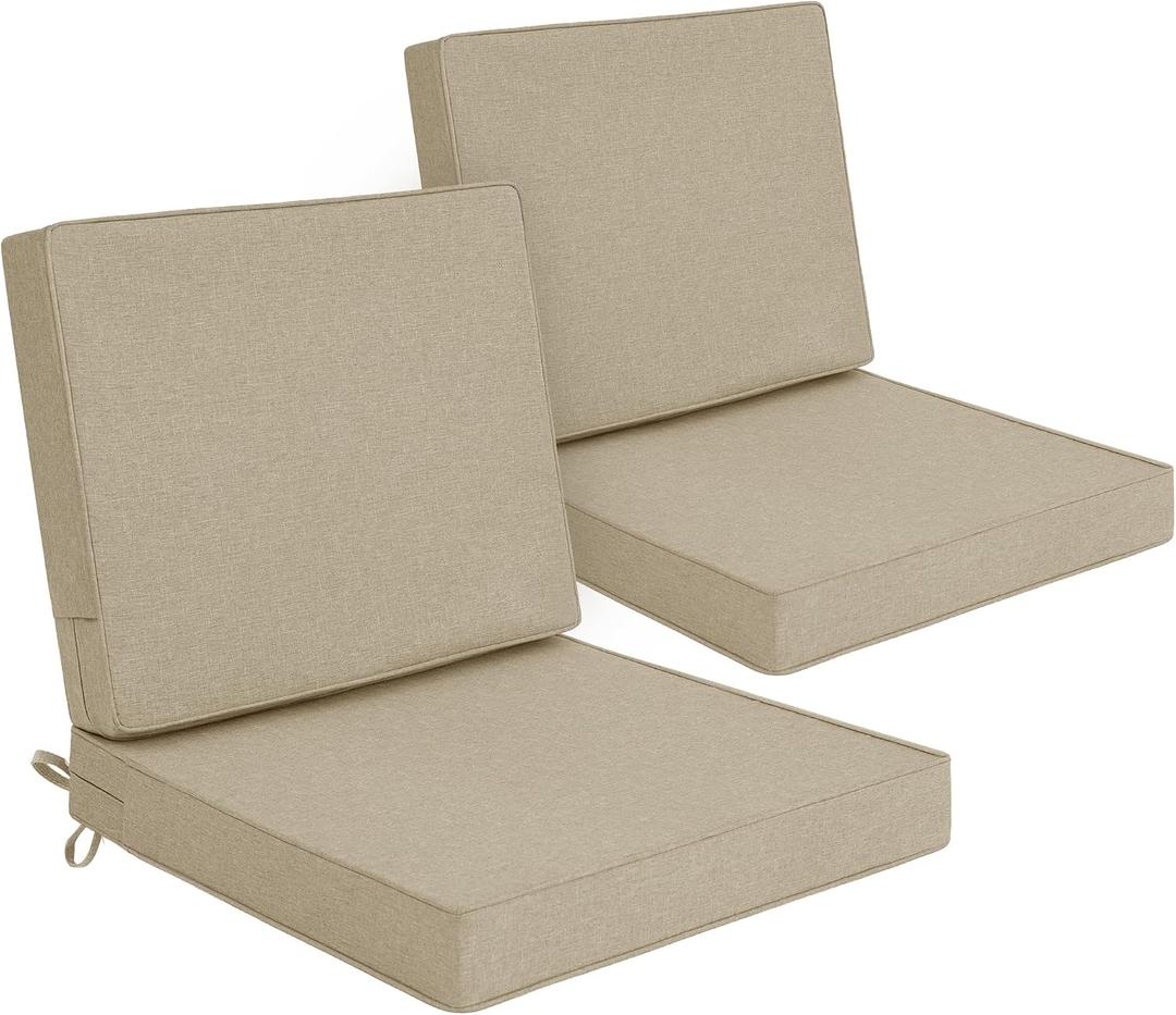 Outdoor Chair Cushions Set of 2, Water-Resistant & Fade-Resistant, Patio Furniture Deep Seat Cushions Replacement with Back, Non-Slip Bottom, Removable Cover, 22 x 22 Inch, Natural, 22" x 22" 2 Pack