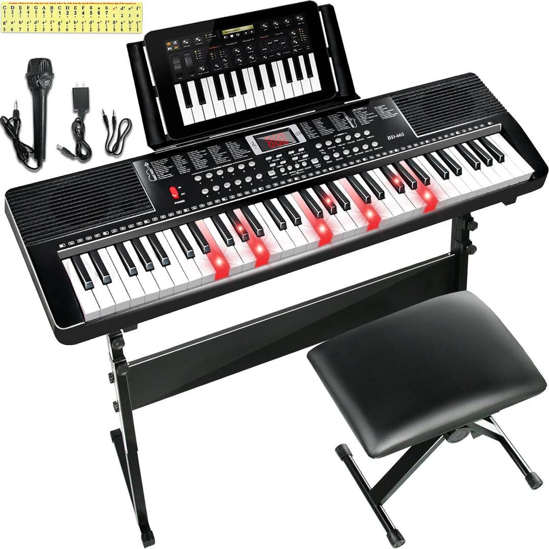 61 Key Keyboard Piano for Beginners with Lighted Keys & Pro Teaching Modes,Includes Stand, Bench, Microphone, Music Stand,70 Demos, 200 Rhythms/Tones, Gift for Beginners, 61Key Keyboard Piano Kit with Piano Stool & Stand