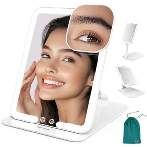Mocado Travel Makeup Mirror with Light - 7x5 Inches Tripple Folding Travel Mirror with Light, 3 Colors Lighted Makeup Mirror, Portable Makeup Mirror, Freely Adjust Height and Angle(White)
