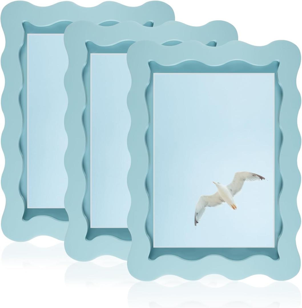 3 Pack 4 x 6inch Blue Picture Frame with Mat for 3.5 x 5inch Wavy Edge Wooden Real Glass Photo Frame Decorative Fun Cute Picture Frames for Tabletop and Wall Hanging Home Decor Gift