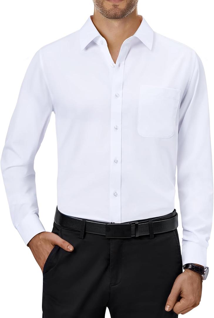 Alimens & Gentle Mens Dress Shirts 4-Way Stretch Long Sleeve Button Down Shirts for Men Collared Casual Formal Solid Shirts, White, Medium