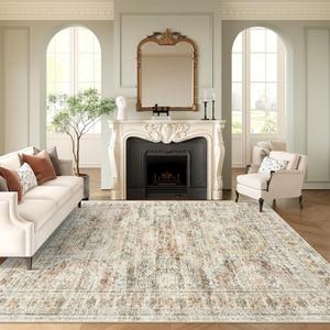 Washable Area Rug 8'x10', Large Soft Rugs for Living Room Vintage 8'x10' Area Rugs for Bedroom Dining Room Non-Slip Stain Resistant Under Table Brown Pink Rug