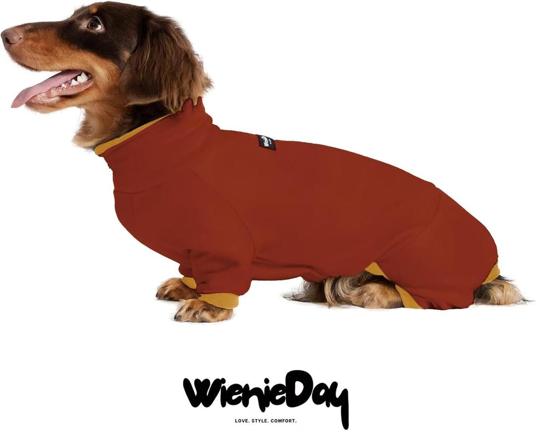 Dachshund Dog Turtleneck Sweater, Adjustable Polo Collar with Zipper, Four-Legged Warm Double Fleece, Stretchy Clothes for Mini Dachshunds (Red, X-Large)