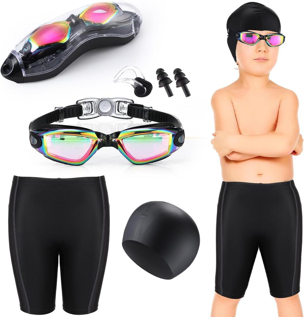 5 Pcs Boys Swimming Gear Set Swim Jammers Goggles Cap Ear Plugs & Nose Clip for Pool Beach Kids Age 8-16