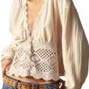 SHENHE Women's Deep V Neck Button Up Crochet Patchwork Long Sleeve Vintage Crop Blouse Top (S, Apricot)
