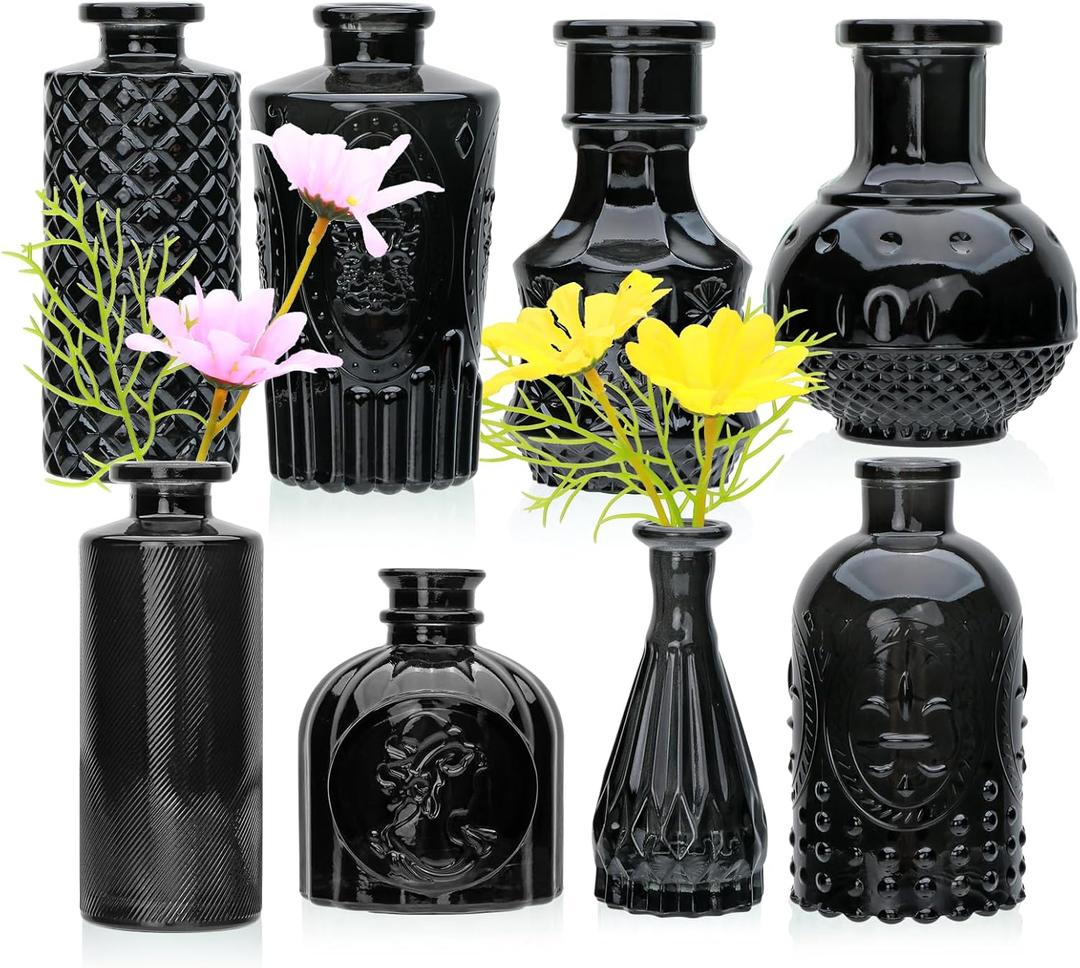 Black Flower Vase Set, Glass Bud Vase in Bulk Set of 8,Artistic and Cultural Flavor Mini Vases for Home Office Decor, Bedroom, Office, Living Room Decorations,Wedding