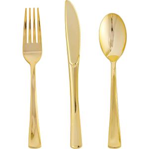 FOCUSLINE 75 Pack Gold Plastic Silverware Disposable Cutlery Set - 25 Forks Knives Spoons - Disposable Flatware Heavy Duty Plastic Utensils Set for Catering, Parties, Dinners, Weddings