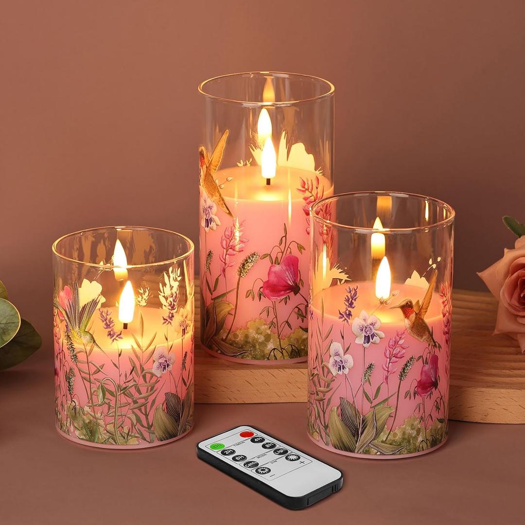 Pink Hummingbird Glass Flameless Candles with Remote, Flickering LED Pillar Candles Battery Operated Set of 3, Spring Home Shelf Decor