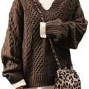 chouyatou Women's Winter Chunky V Neck Long Sleeve Loose Cable Knit Sweater Pullover, S, Brown