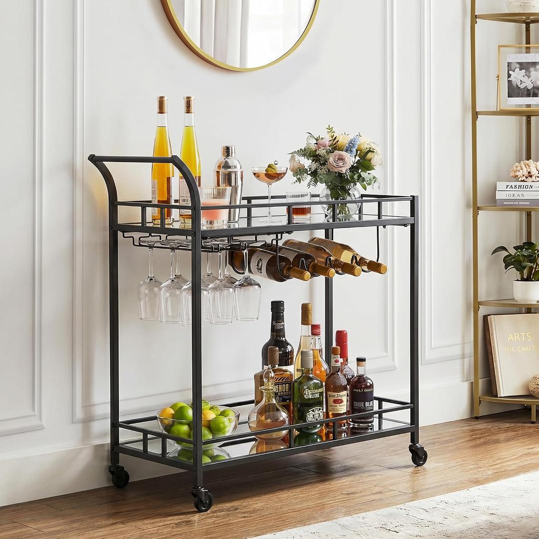 VASAGLE Bar Cart Black, Home Bar Serving Cart, Wine Cart with 2 Mirrored Shelves, Wine Holders, Glass Holders, for Kitchen, Dining Room, Black ULRC090B62