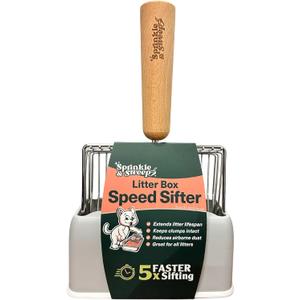 Sprinkle & Sweep Metal Cat Litter Scoop - Heavy Duty Litter Scooper & Speed Sifter with Comfortable Beech Wood Grip - Washable Convenient Stand for Easy and Efficient Cleaning