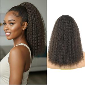 Kinky Straight Drawstring Ponytail Extension for Black Women 16inch Medium Brown Wavy Yaki Straight Ponytail Synthetic Fake Pony Tail for Daily Use(4#)
