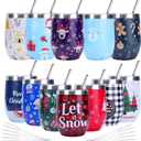 Eforcase 12PCS Christmas Wine Tumbler 12 oz Funny Stainless Steel Wine Glass Coffee Tumbler Bulk Travel Cup Mug with Straw and Brush Coffee Mug for Xmas Party Favor Holiday