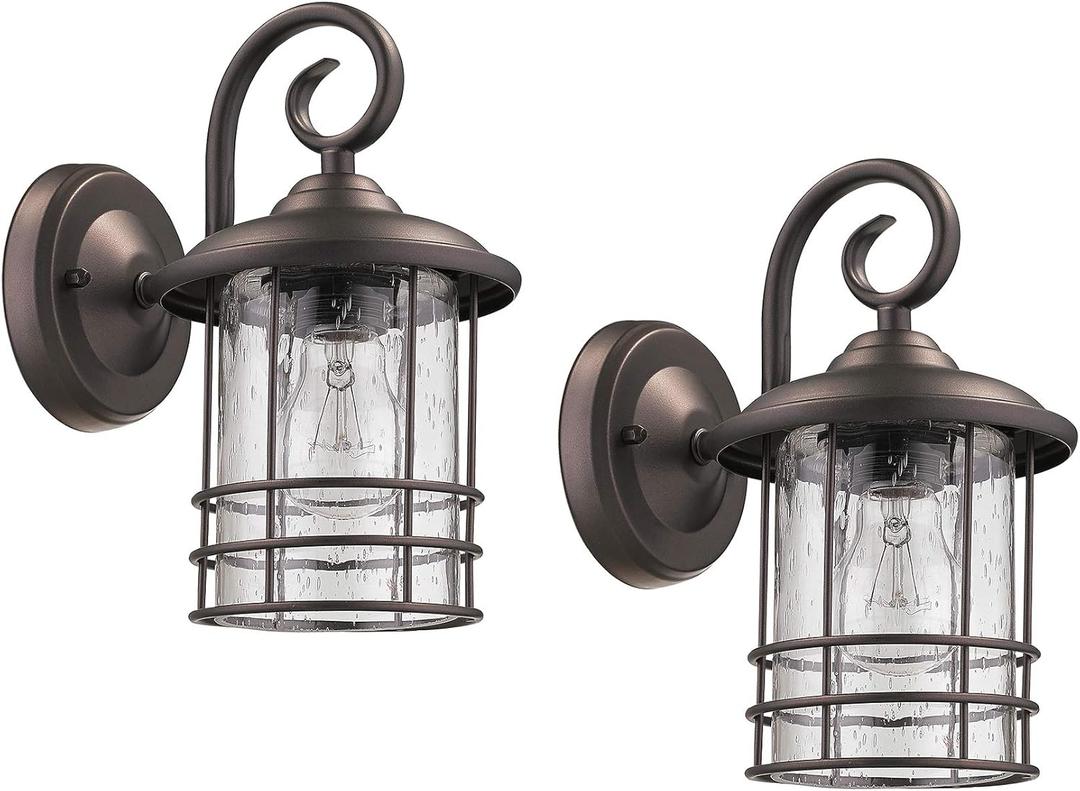 MICSIU 2-Pack 5.5" Wide Compact Oil Rubbed Bronze Outdoor Wall Sconce, 9.8 Inch Farmhouse Exterior Fixture with Clear Seedy Glass, Waterproof Max 23W Porch Lights for Front Door, Entryway, Patio