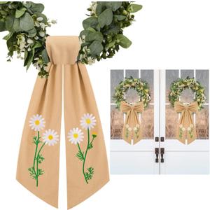 2 Pack Daisy Floral Wreath Sash for Front Door Embroidery Spring Flower Ribbon Sash for Spring Easter Day Yard Porch Decor (Burlap)