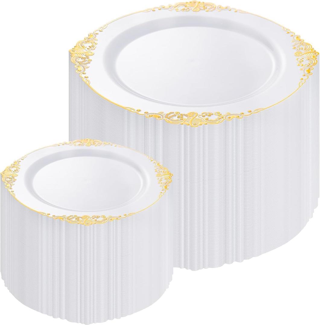 200PCS White and Gold Plates - Gold Plastic Plates - Fancy Disposable Plate - Gorgeous 10inch Dinner & 7.25 inch Dessert Plate for 100 Guests for Wedding & Party