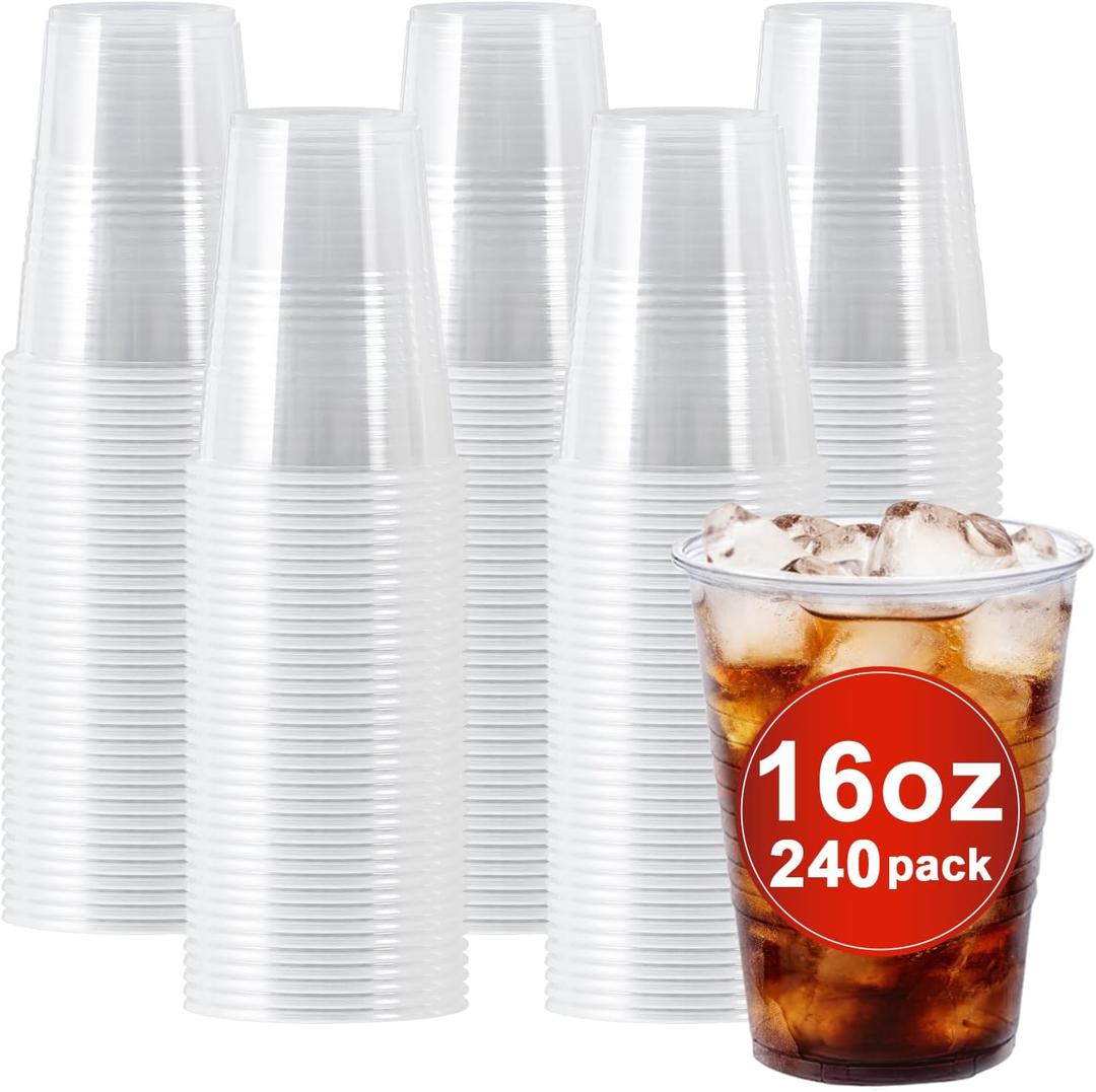 Clawsoff Plastic Cups 16 oz, 240 Pack - Clear Plastic Cups Disposable, Cold Drinking, Ice Coffee Cup for Party, Birthday, Holiday, Events & Everyday Use,Cold,Hot