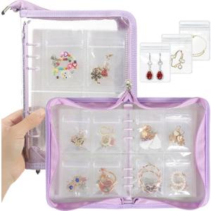 Jewelry Organizer Book Clear Travel earring book organizer Transparent Jewelry Book with Zipper Pouch Bags (Purple,With 80 PCS Small Jewelry Bags)