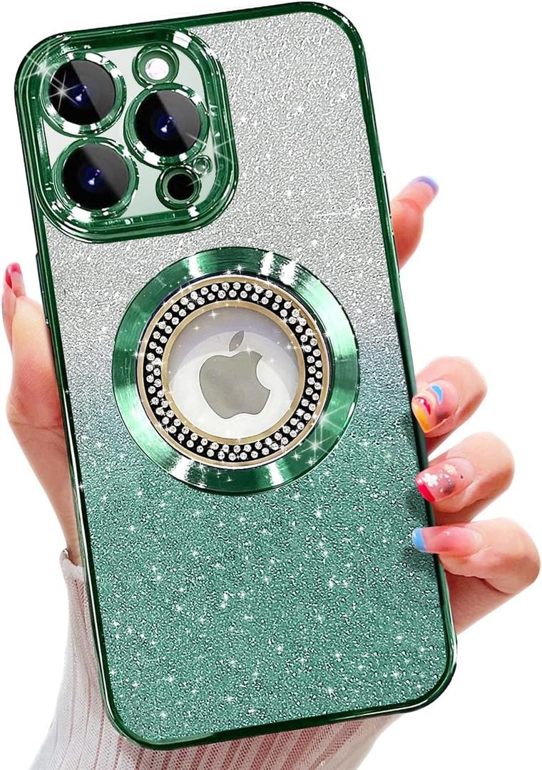 Misscase for iPhone 13 Pro Max Magnetic Case Compatible with MagSafe, Full Protection Slim Shockproof Anti-Scratch Glitter Case with Camera Lens Protector Logo View Dust-Proof Net for Women Green