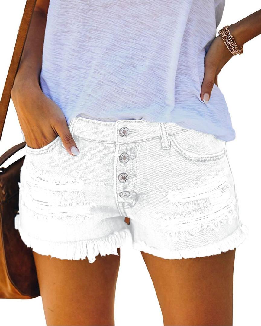 Women's Mid Rise Stretchy Ripped Denim Shorts Distressed Casual Summer Jean Shorts L