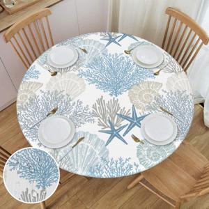 WILL BUDXEG Ocean Sea Shell Starfish Coral Coastal Nautical Round Fitted Table Covers Elastic Edge Circle Tablecloth for Dining Party Holiday Fits Table Up 40"-44" Diameter (Small, Black34)