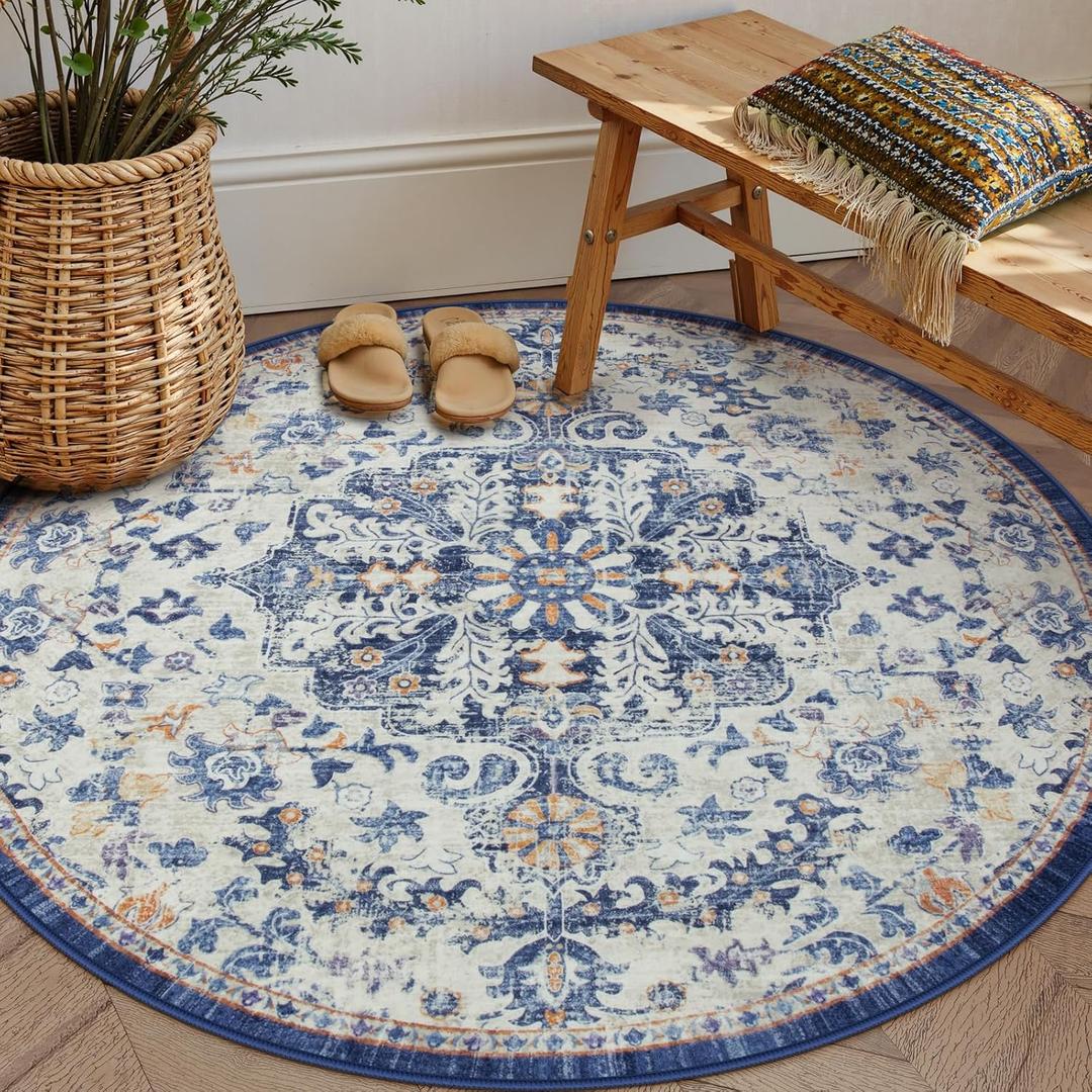 Lahome Reine Round Rug 5'3"Ft, Large Washable Dining Room Round Area Rug Soft Kitchen Circle Rug, Bohemian Non-Slip Non-Shedding Printed Indoor Carpet for Bedroom Entryway Bathroom, Blue Purple/Multi