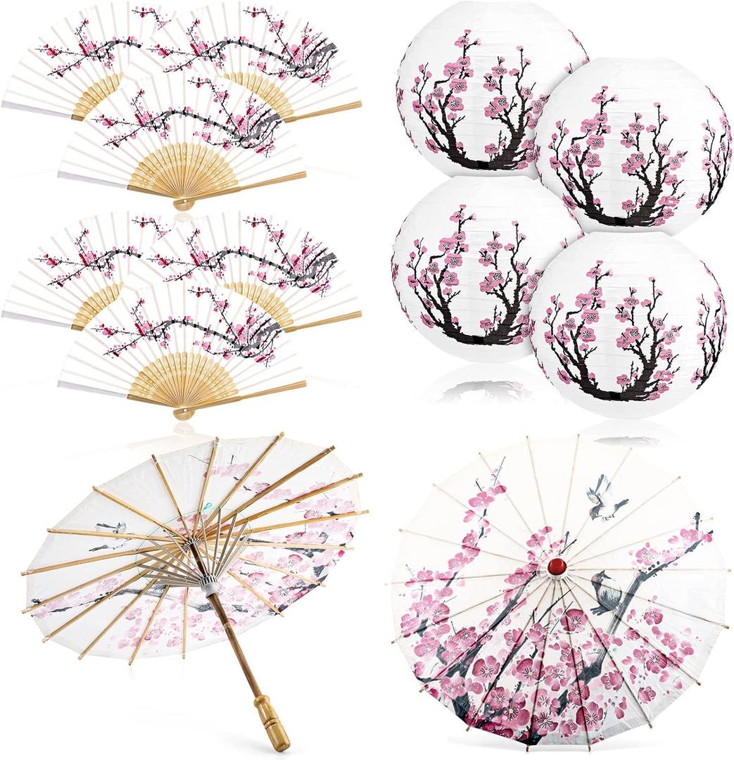 Tallew 12 Pcs Cherry Japanese Blossom Decor Set Chinese New Year Decorations 4 Blossom Pink Paper Lanterns 2 Umbrella and 6 Handheld Silk Folding Fans for Wedding Party Favor, Dancing, Cosplay