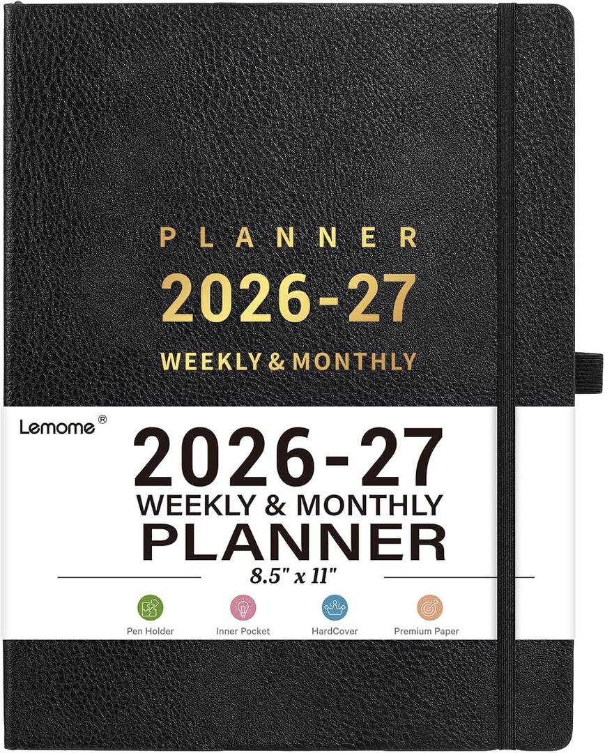 2026-2027 Planner - Academic Planner 2026-2027, July 2026 - June 2027, Weekly and Monthly Planners, 8.5" x 11", Pen Holder, Pocket, Faux Leather Cover -Black