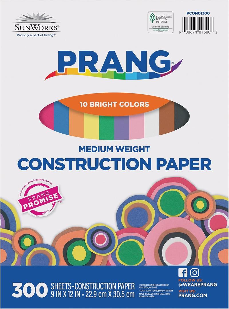 Prang (Formerly SunWorks) Construction Paper, 10 Assorted Colors, 9" x 12", 300 Sheets