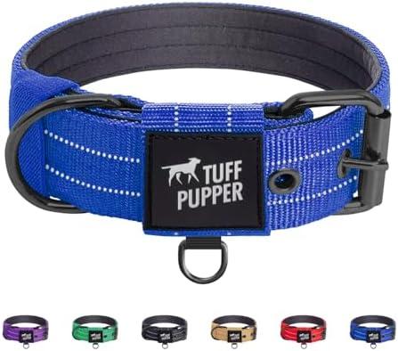 Tuff Pupper Heavy Duty Tactical Dog Collar | 1.25" Wide Ballistic Nylon | Reflective Stitching | Integrated ID Tag Holder | Stainless Steel Buckle | Padded Lining | Small & Medium Dogs (Blue, M)