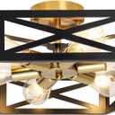 6-Light Semi Flush Mount Ceiling Light, Large Black and Gold Fixtures Ceiling Mount with Hexagon Cage, Metal Industrial Close to Ceiling Light for Hallway, Kitchen, Bedroom (19.68''L)