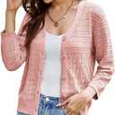 GRACE KARIN 2025 Women's 3/4 Sleeve Crochet Knit Button Down Cardigan Cropped Shrug Bolero Lightweight Sweaters Tops Large, Pink 