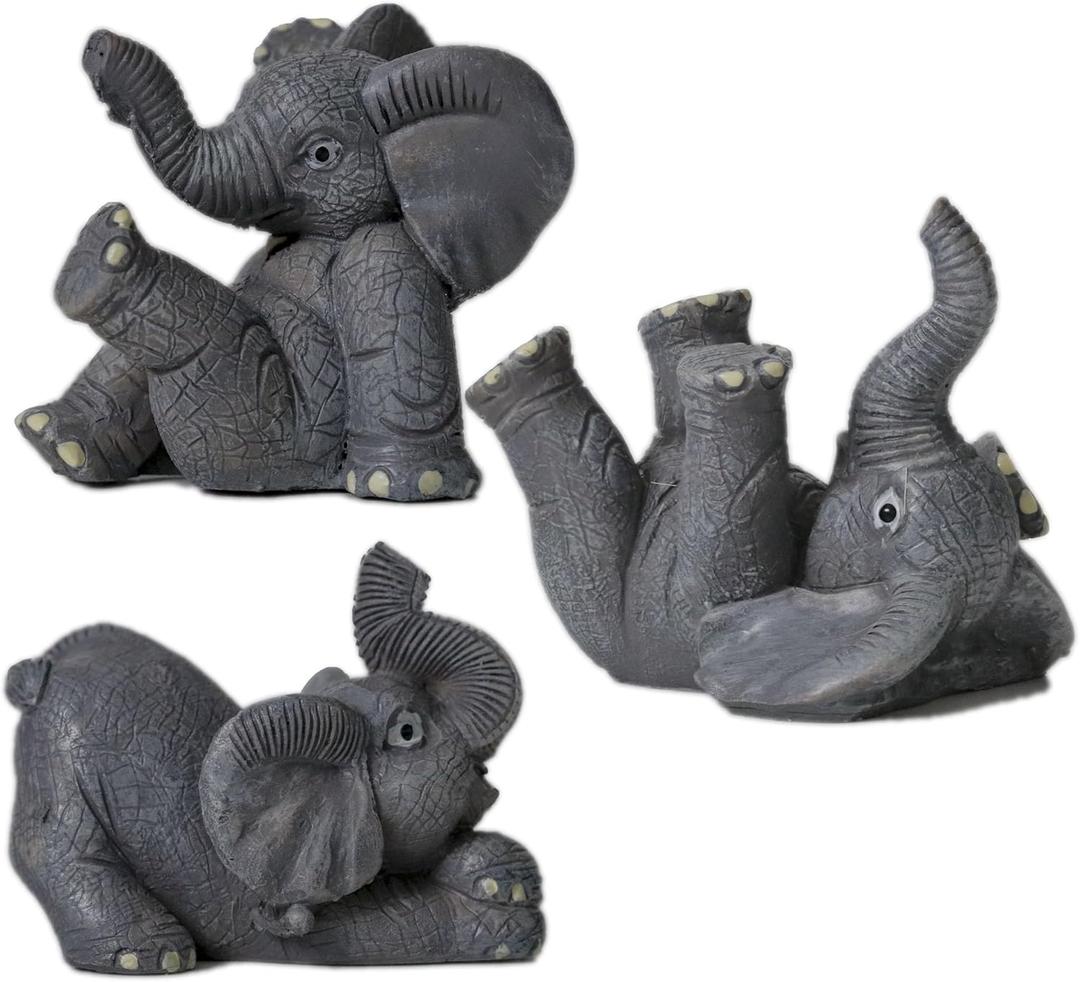 Set of 3 Grey Resin Small Elephant Statues - Home Decor Collection, Gift, Animal Figurines, Feng Shui Decor for Home and Office (Gray)