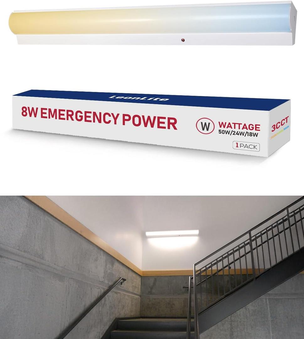 LEONLITE 3CCT 4FT LED Linear Stairwell Strip Light Fixture with Emergency Battery Backup, 90 Minutes, UL1598, 30W/40W/50W Selectable, 120V-277V, 0-10V Dimmable, Commercial LED Shop Light