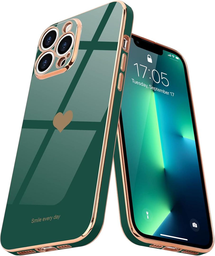 Teageo For iPhone 13 Pro Max Case for Women Girl Cute Love Heart Luxury Plating Soft Back Bling Cover Raised Camera Protection Bumper Silicone Shockproof Phone Case for iPhone 13 Pro Max,Darkish Green