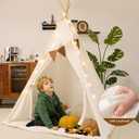 Kids Play Tent Set Portable Teepee Tent for Toddlers with Mat & Star Lights, Washable and Foldable Indoor Play House for Baby Aging 1-3 as Reading Nook & Room Decor
