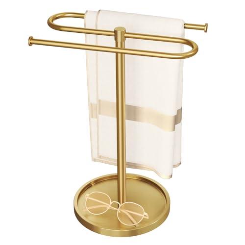 Bathroom Hand Towel Holder Stand Gold, S-Shape Countertop Towel Standing, Stainless Steel Towel Rack Bar Holds 2 Towels for Kitchen
