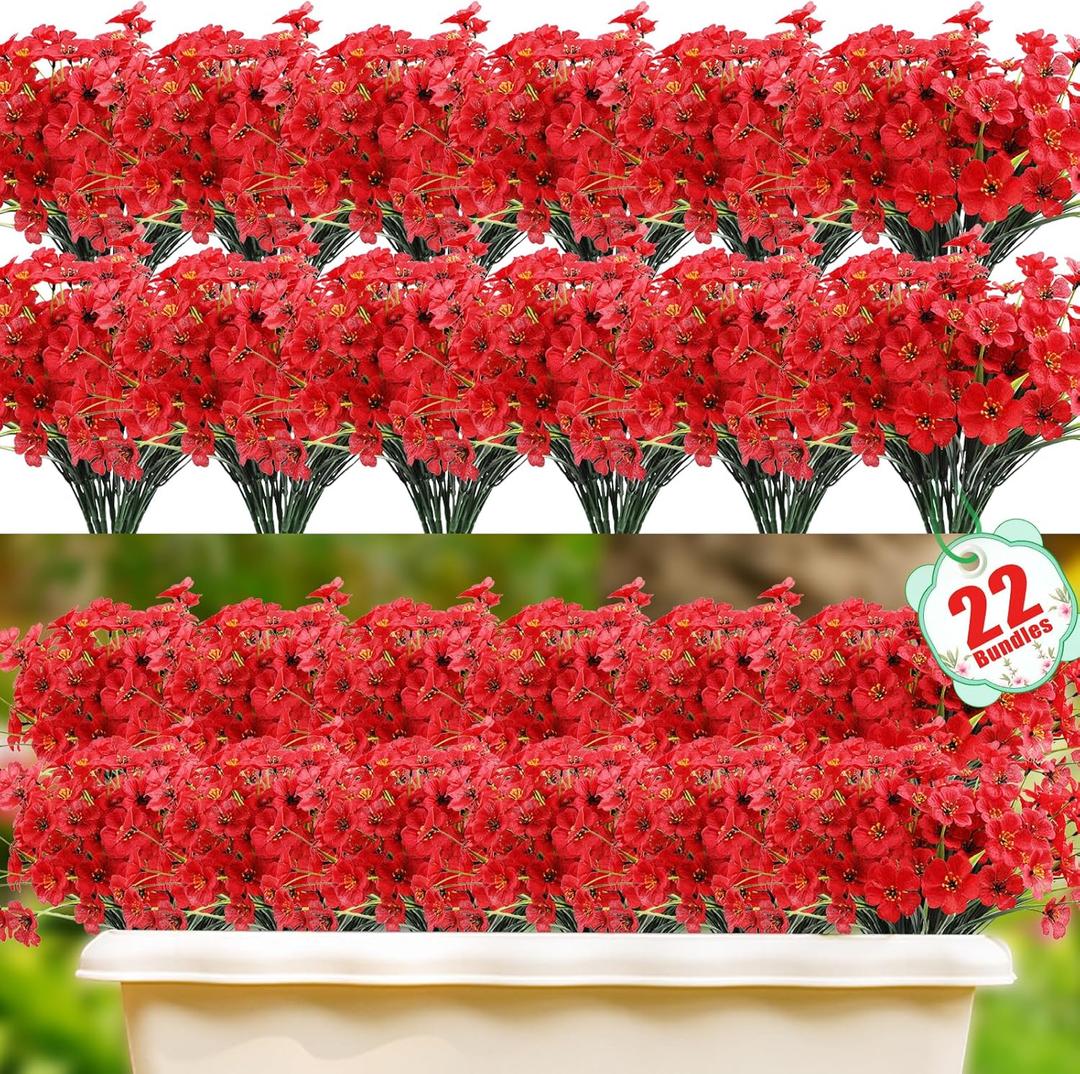 22 Pack Artificial Flowers Outdoor Fake Plants, Faux Flowers UV Resistant with Plastic Plants, Faux Silk Flowers for Outdoors Outside Front Porch Hanging Planter Window Box Garden Decoration(Red)