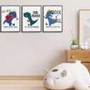 3Pcs Cartoon Dinosaur Wall Art Trio Set Music Sports Rock Themes Playful Canvas Prints Vibrant Color Posters Starry Gray Background Pictures Paintings for Kids Room Wall Decor Nursery Decoration Unframed