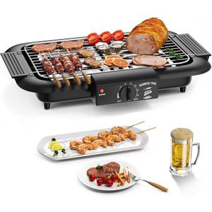 Electric BBQ Grill, Smokeless Non-Stick Indoor/Outdoor Barbecue Grill, 2000W Double tube High Power Portable Removable Stand Grill for BBQ Party (Elegant Black)