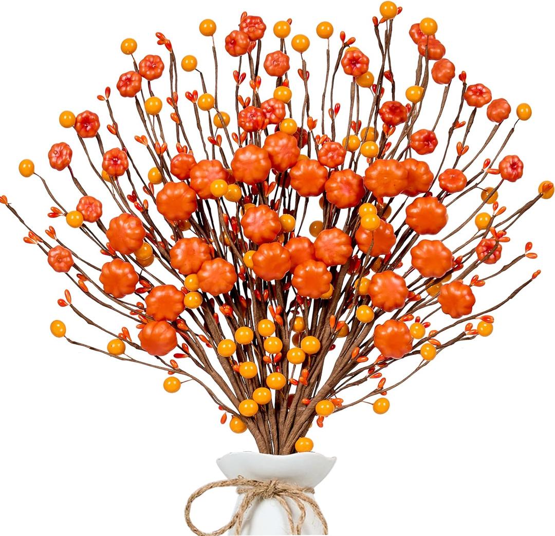 Fall Picks 12 PCS Fall Berry Stems 17 Inch Autumn Floral Picks with Orange Pumpkins and Berries for Vases Centerpieces Harvest Festival and Thanksgiving Party Events