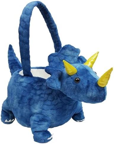 DearSun 3D Triceratops Plush Basket Easter Egg Hunting Basket, Cute Animal Plush Baskets for Easter Decorations Party Supplies Candy Gifts Storage, Blue