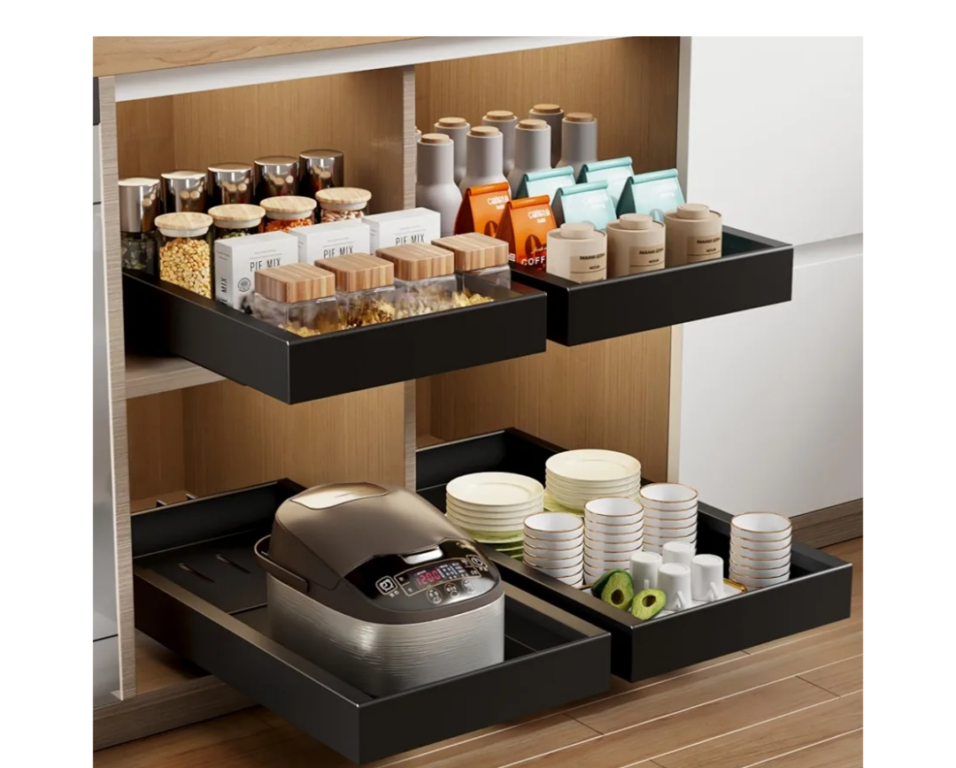 2 Pack Pull Out Cabinet Organizer,21.8" Deep Slide Out Drawer for Cabinets Adhesive Pull Out Drawers Heavy Duty Pull Out Shelves for Kitchen,Cupboard,Pantry,Bathroom-Black