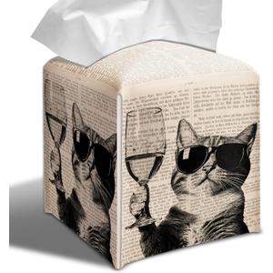 Funny Cat Tissue Box Cover, Coffee Station Wine Bar Decor, Black and White Cat Cube Case Organizer Facial Tissues for Bathroom Tabletop Kitchen Office Decorative, 5.2" PU Leather.