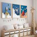 3 Pcs Space Nursery Canvas Wall Art Whimsical Outer Space Astronauts Rocket Kid Painting Pictures Wall Decor Poster Print Artwork for Boys Room Kids Room Decoration Unframed
