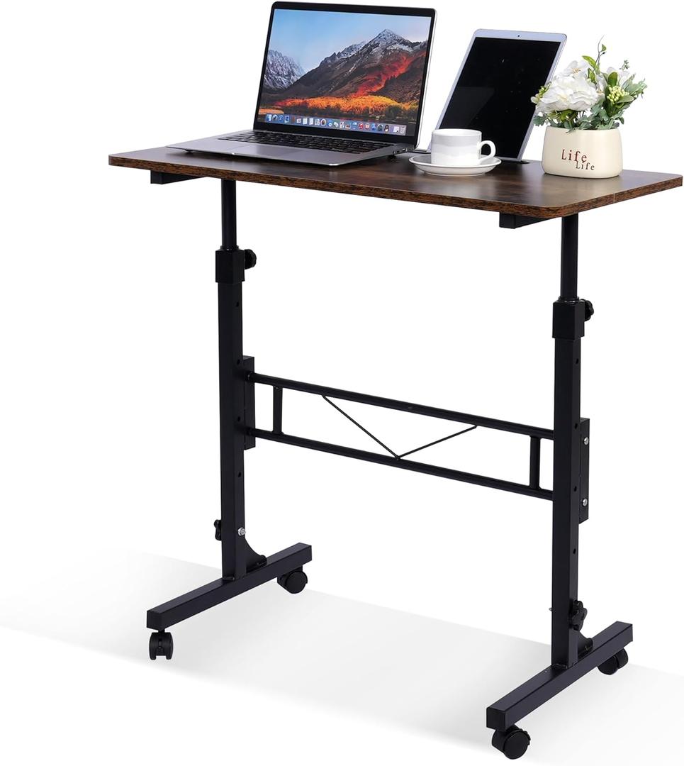 Standing Desk Adjustable Height, Mobile Stand Up Desks with Wheels Small Computer Desks Rolling Desk, Portable Laptop Desks Rustic Standing Table Sit Stand Home Office Desks 16"x31.5" Height 27"-43.5"