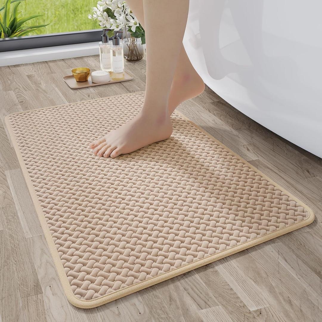 YDKGL Bathroom Rugs Non Slip, Super Absorbent Quick Dry Bath Mats for Bathroom, Foam Weave Texture Thin Bath Rugs Washable with Rubber Backing Fit Under Door Outside Shower,16" x 24 (Brown)
